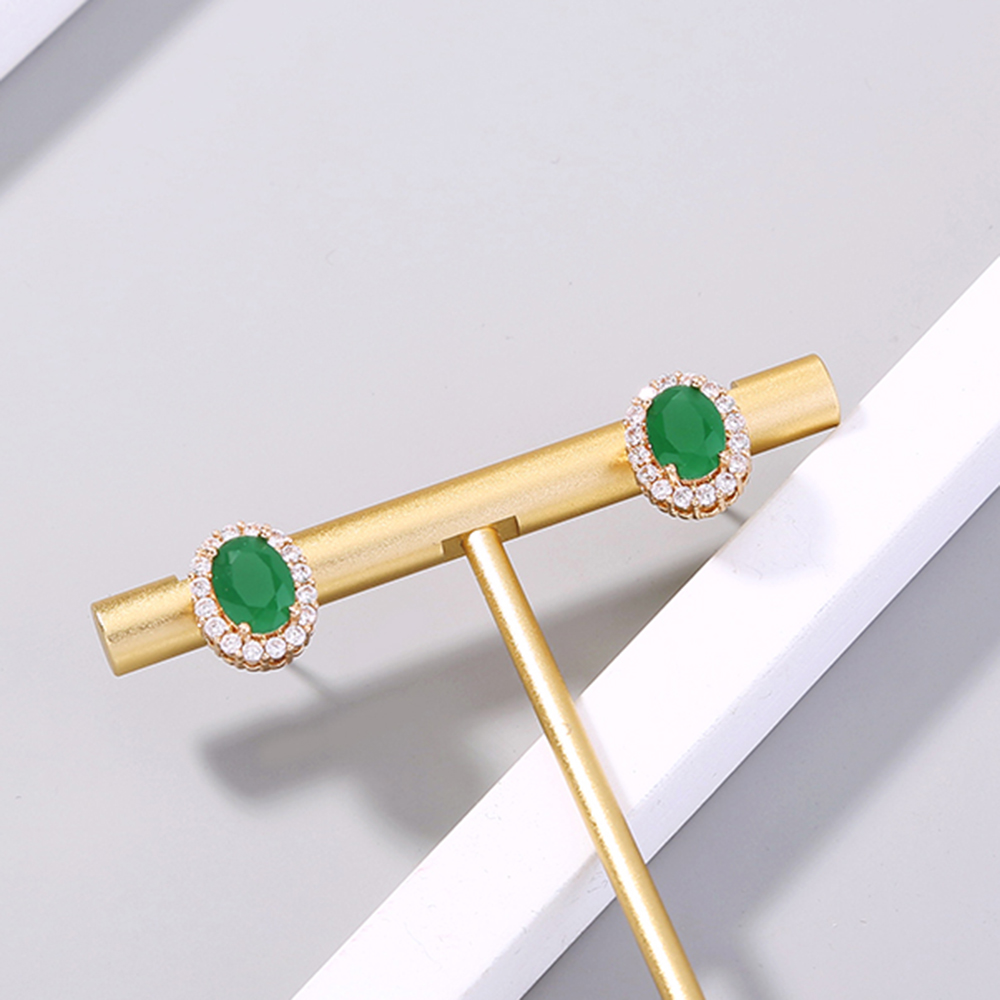 Miniature gold-inlaid Zircon Emeralds Oval Stud earrings with Ruby earrings