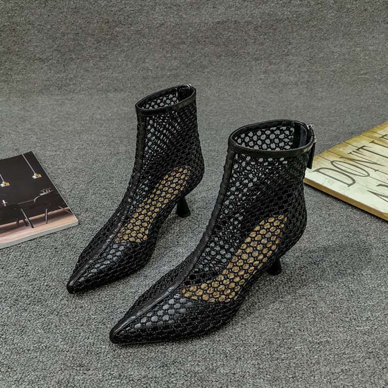 Women's Hollow Pointed High Heels Mesh Breathable Stiletto Boots Sandals