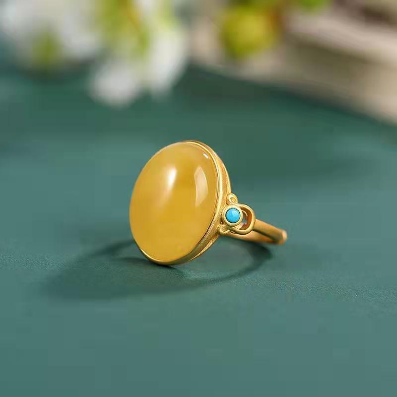 Silver-plated Ancient Gold Natural Beeswax Amber Ring