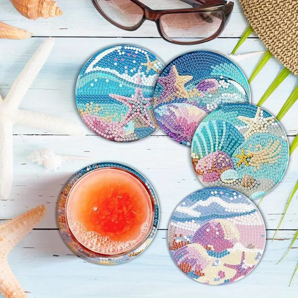 DIY Coasters With Diamond Painted Seaside Patterns And Supports, Suitable For Adult Beginners To Use Diamond Painting Sets, Handmade Diamond Art Materials, And Exquisite Gifts For Friends