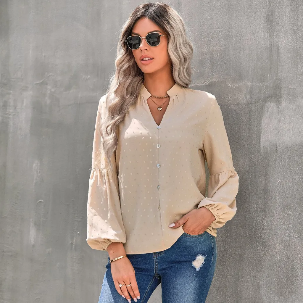 Women's Fashion Pullover Fashion Swiss Polka Dot V-Neck Shirt - Apricot