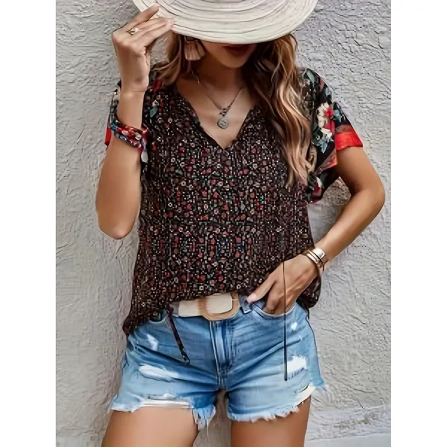 Women's Casual Short Sleeve Shirts Summer Boho Printed V Neck Drawstring Tunic Blouses Coffee - Shop at LoveMi