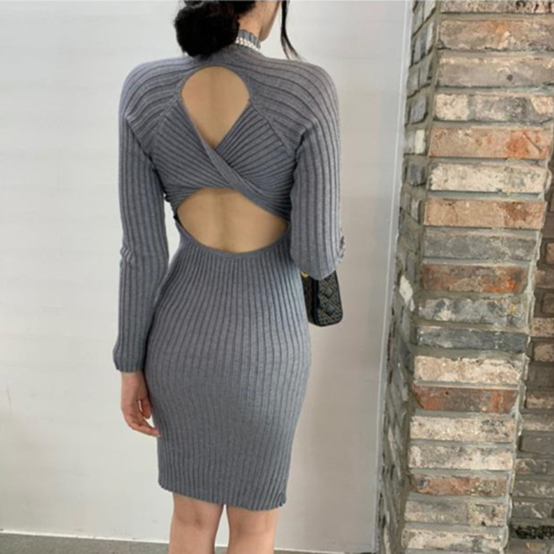 New Semi-high Collar Sexy Back Hollow Slim Fit Hip Dress
