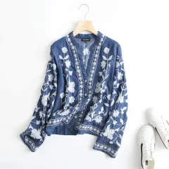 Embroidered V-neck Tencel Cotton Denim Shirt For Women - Dark Blue - View 1