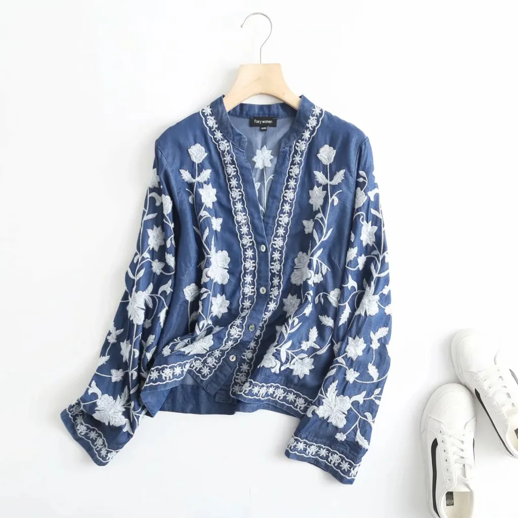 Embroidered V-neck Tencel Cotton Denim Shirt For Women - Dark Blue