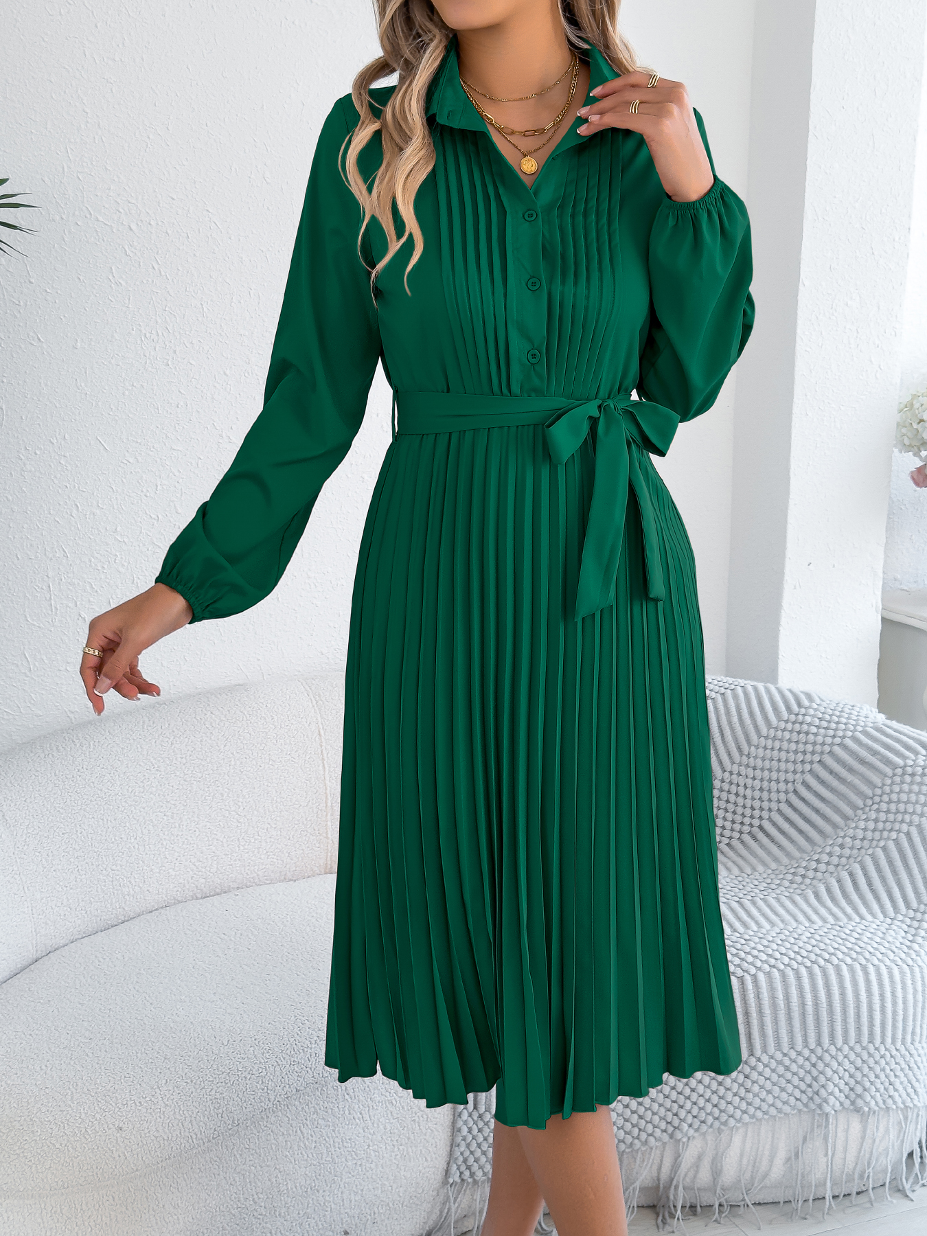 Women's Elegant Solid Color Lapel Long Sleeve Tie Waist Pleated Dress