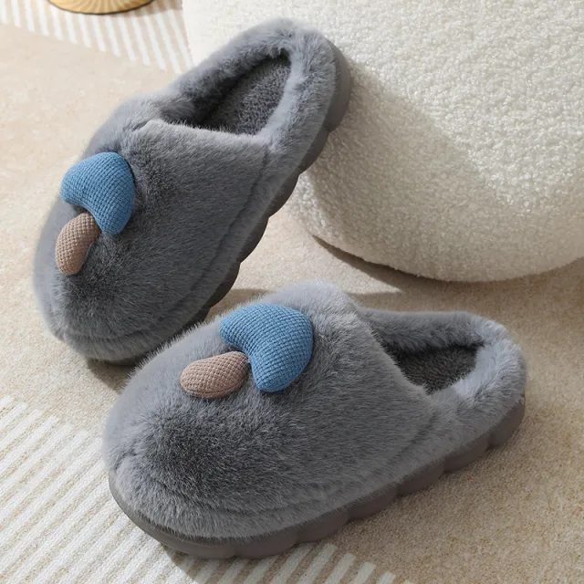 Cute Mushroom Cotton Slippers For Women Thick soled Autumn And Winter Plush Slipper Indoor Non slip Eva Household Furry Shoes Grey - Shop at LoveMi