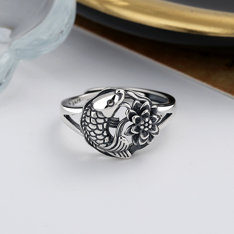 S925 Sterling Silver Lucky Transfer Koi Fish Lotus Ring