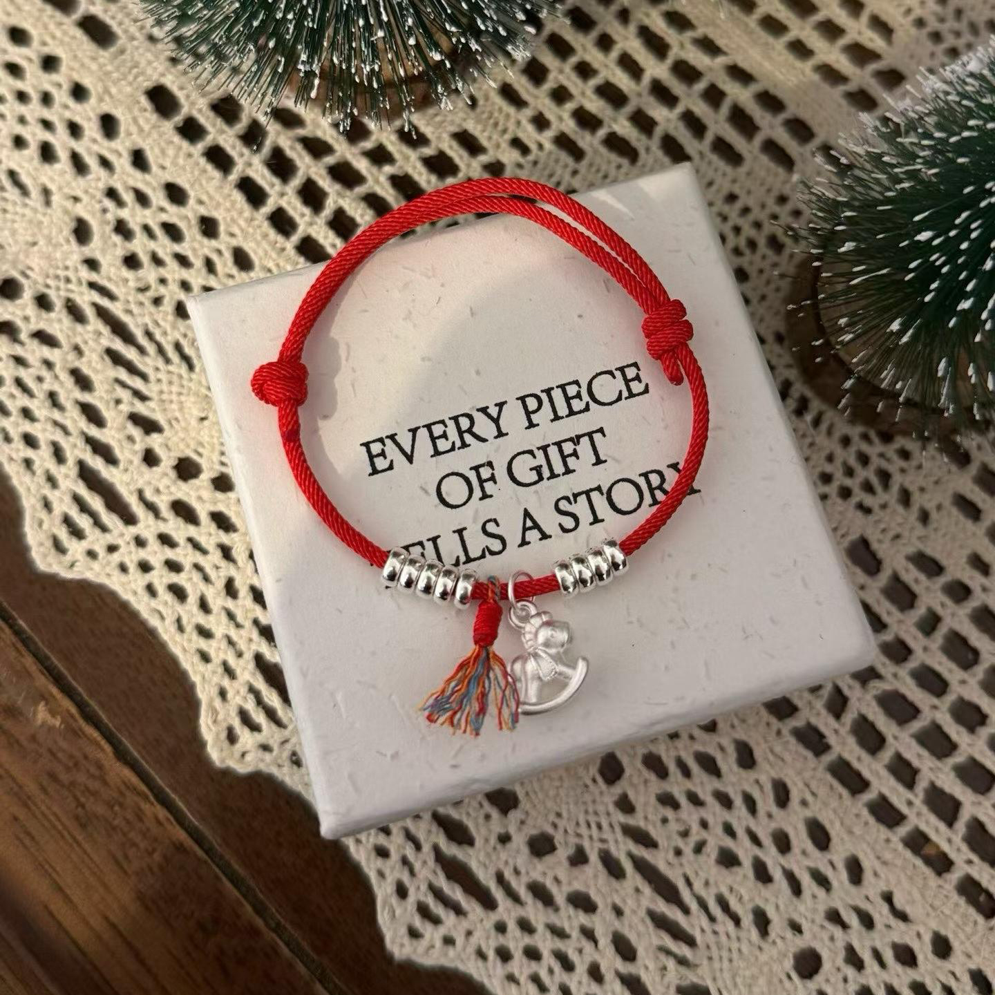 1pcs 999 Sterling Silver Bead Trojan Horse Tassel Red String Braided Bracelet, Festive Chinese Style, For Daily New Year Wear & Lucky Birthday Holiday
