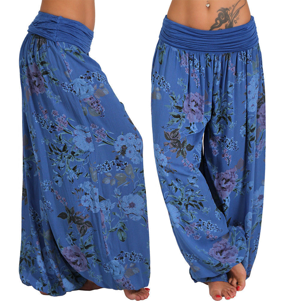 Women Bohemian Floral Print Long Pants Mid Waist Vintage Harem Pants Elastic Waist Boho Beach Trousers Plus Size 5XL Blue - Shop at LoveMi