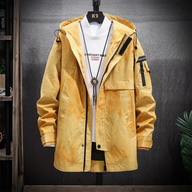 Korean Color Block Mid length Windbreaker Hooded Casual Jacket Yellow - Shop at LoveMi