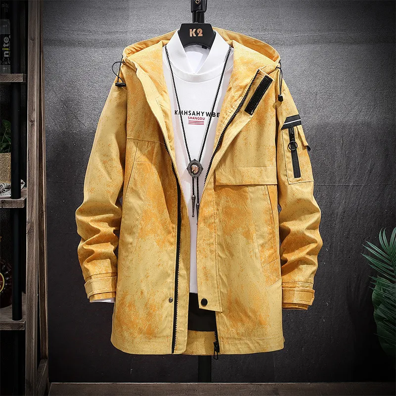 Korean Color Block Mid-length Windbreaker Hooded Casual Jacket - Yellow