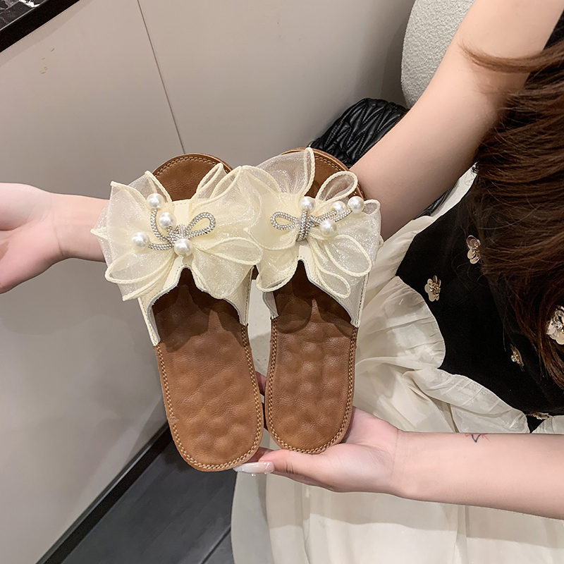 Women Pearl Bow Decor Flat One Strap Slide Sandals, 2026 New Summer Casual Beach Fashion Footwear product image