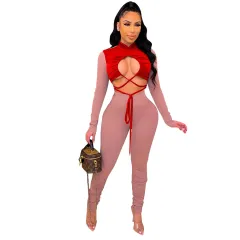 Fashion Sexy Hollow Colour Matching Tie Long-Sleeved Jumpsuit - Red - View 1
