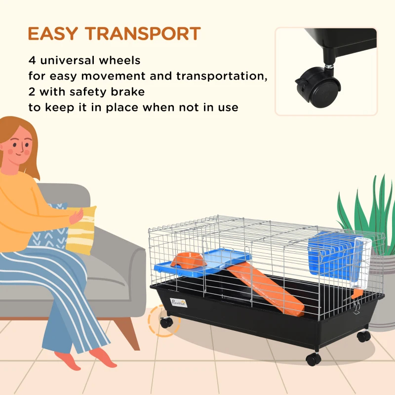 Small Animal Cage With Food Dish, Water Bottle, Hay Feeder, Platform, Ramp For Chinchilla, Black