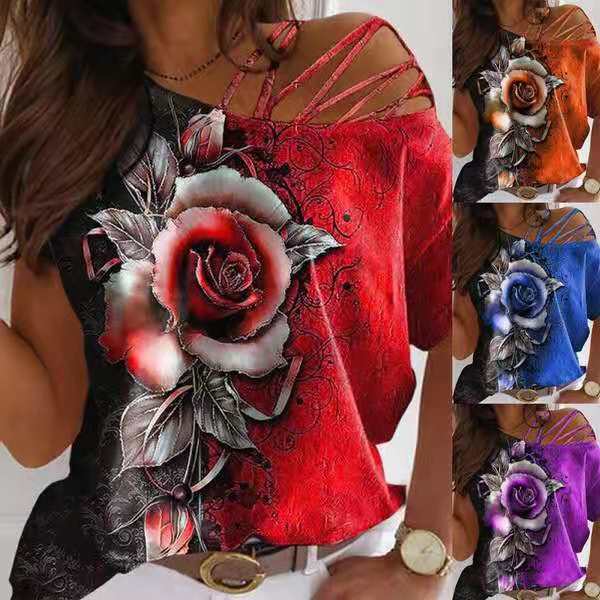 Rose Print Loose Oblique Collar Casual T-shirt