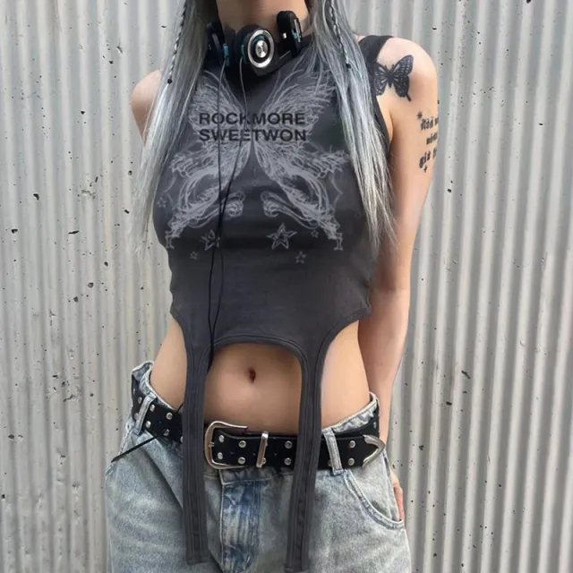 American Sports Girls Three dimensional Butterfly Print Double Shoulder Camisole Small Tank Top Design Sense Webbing Stitching Leak Waist Top Gray - Shop at LoveMi