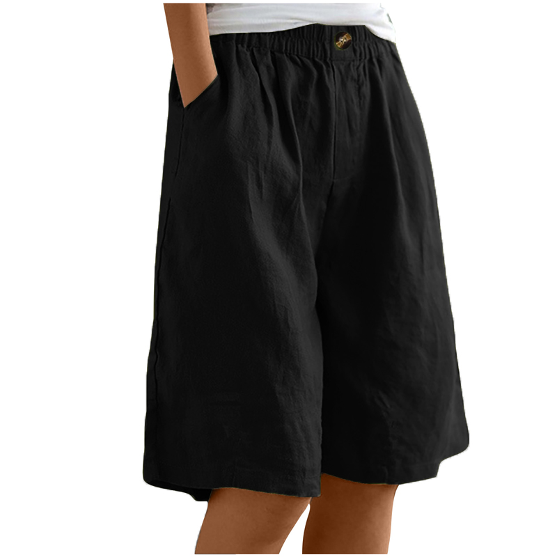 Women’s Casual High Waist Loose Fit Solid Color Shorts – Button & Elastic Waist With Pockets, Comfortable Summer Shorts
