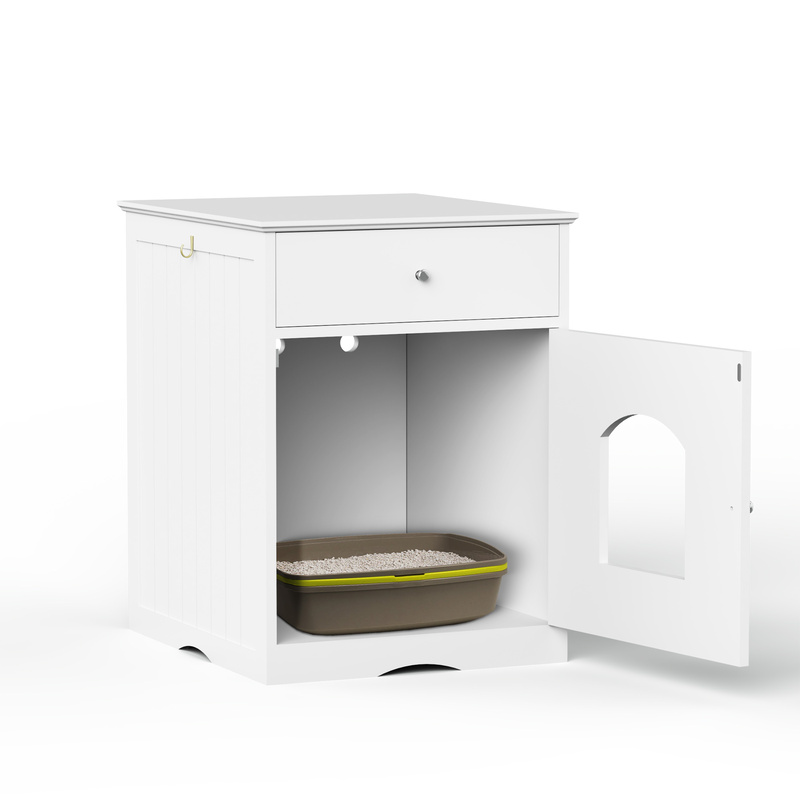 White Wooden Cat Litter Box Enclosure W Drawer & Side Table, Indoor Pet Crate Nightstand For Home