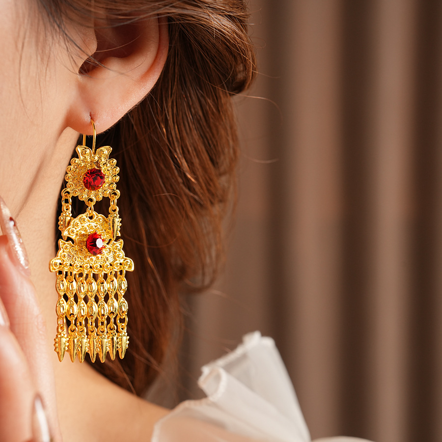 Vintage Chinese Style Tassel Earrings For Women Red Rhinestone Design Long Dangle Earrings S925 Sterling Silver Post Wedding Hanfu Jewelry