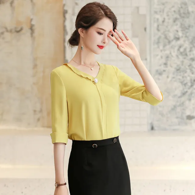 Women's Long sleeved Shirt Solid Color Professional Butter Green Yellow - Shop at LoveMi