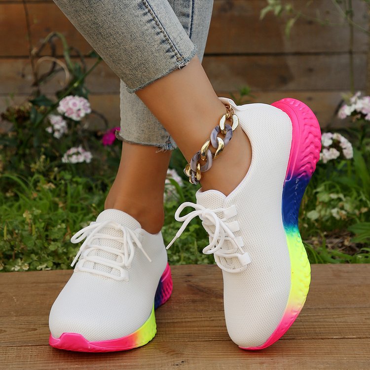Lace up Mesh Shoes With Rainbow Sole Design Fashion Walking Running Sports Shoes Sneakers For Women White - Shop at LoveMi