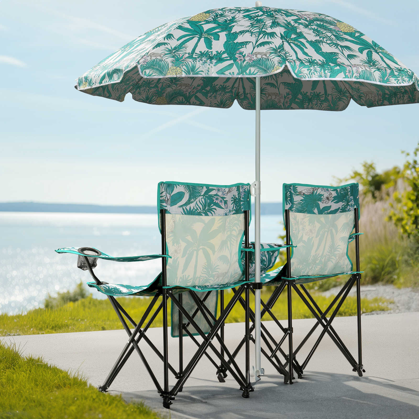 Camping Chairs, Folding Double Chair With Removable Umbrella, Cup Holders, Cooler Bag, Side Pocket & Carry Bag, For Beach, Outdoor, Sports, Concerts, Travel, Picnic