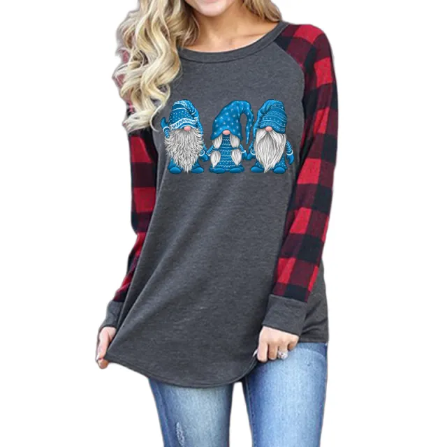 Santa Pattern Print Round Neck Raglan Long Sleeves Blue Santa Claus - Shop at LoveMi