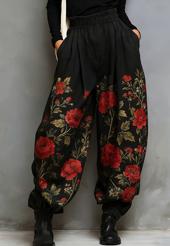 Retro Chinese-style Black-bottom Red-flowered Loose-fit Cuffed Wide-leg Pants