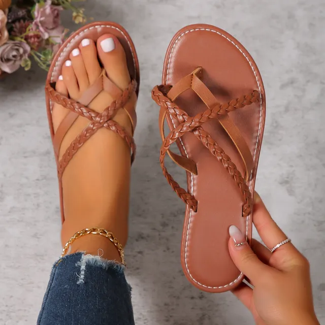 Cross woven Design Thong Sandals Summer Flat Shoes Women Flip Flops Slides Casual Vacation Beach Slippers Brown - Shop at LoveMi