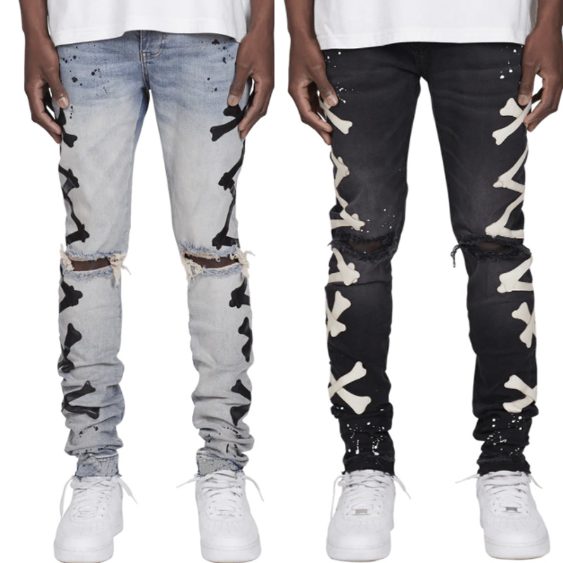 Title 2, Heren ripped jeans met bottenprint, stretch. Eu...