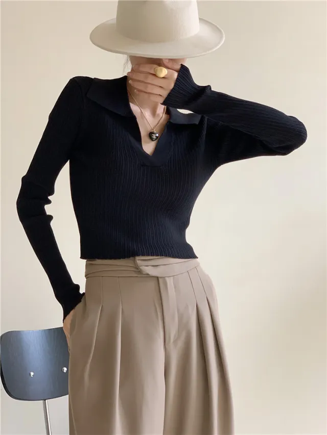 Lapel High Waist Cropped Stretch Easy Sweater Black - Shop at LoveMi