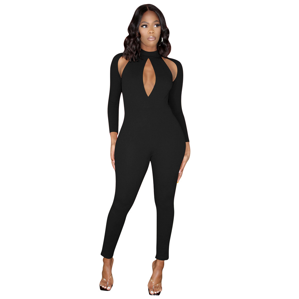 Women's Solid Color Long-sleeved Invisible Cut-out Jumpsuit - Image 9