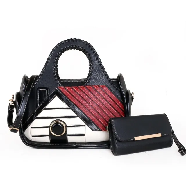 Women's Patchwork House Pattern Handbag One Shoulder Crossbody Briefcase Black - Shop at LoveMi