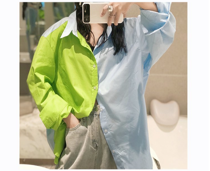 Lapel Long Sleeve Blue And Green Contrast Shirt Blouse