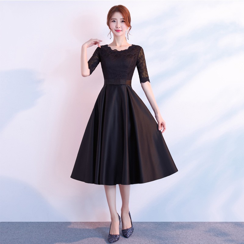 The End Elegant Long Sleeve Thin Company Annual Meeting Black Dress Dress Long Section Round Neck Black Midlength - Shop at LoveMi