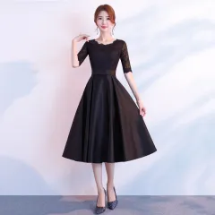 The End Elegant Long Sleeve Thin Company Annual Meeting Black Dress Dress Long Section - Round Neck Black Midlength - View 1
