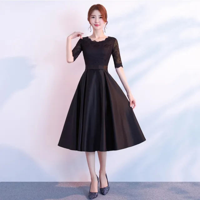 The End Elegant Long Sleeve Thin Company Annual Meeting Black Dress Dress Long Section Round Neck Black Midlength - Shop at LoveMi