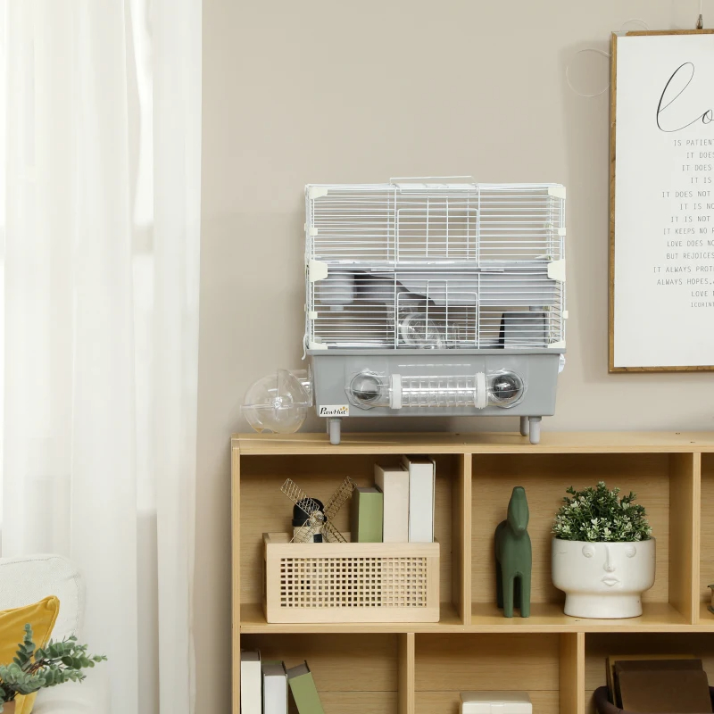 2-Tier Hamster Cage With Sand Bathroom, Running Wheel, Water Bottle, Tubes, Accessories, For Hamster, Gray