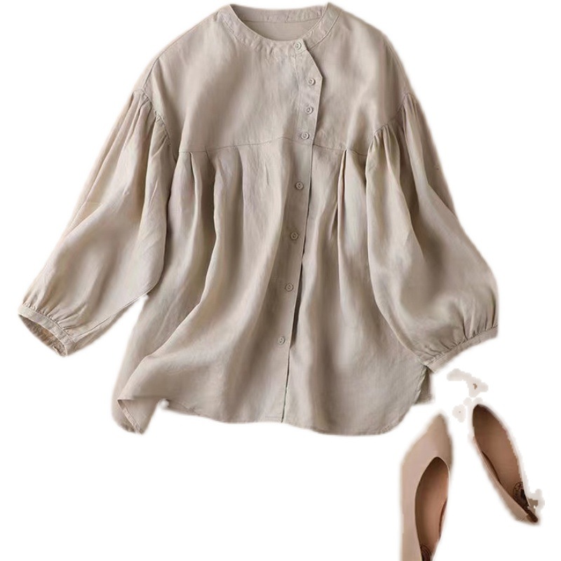 Solid Nine Part Lantern Sleeve Blouse