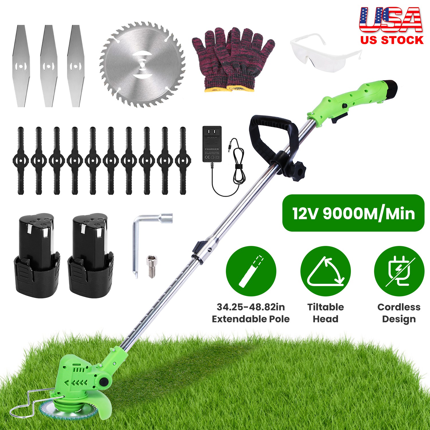 12V 200W Cordless Grass Trimmer Rechargeable Lawn Mower 9000M Per Min Weed Cutter With Saw Blade 2 Stainless Steel Blades 10 Plastic Blades 2 Rechargeable Batteries Goggles Gloves