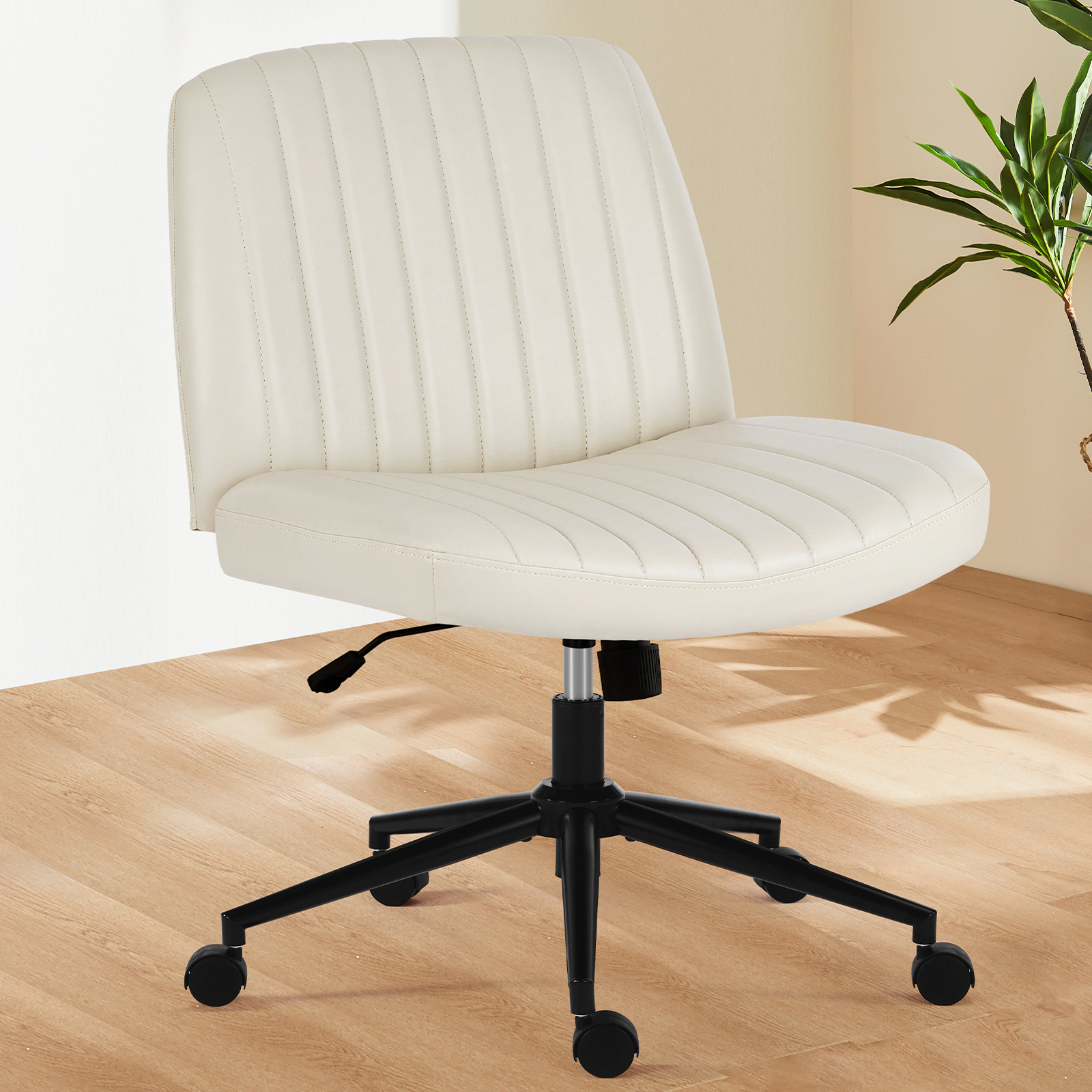 Office Desk Vanity Chair Cross Legged Armless Swivel Fabric Height Adjustable Wide Seat With Replaceable Wheels-Fixed Base, Comfy Task Chair Padded_voghion.com