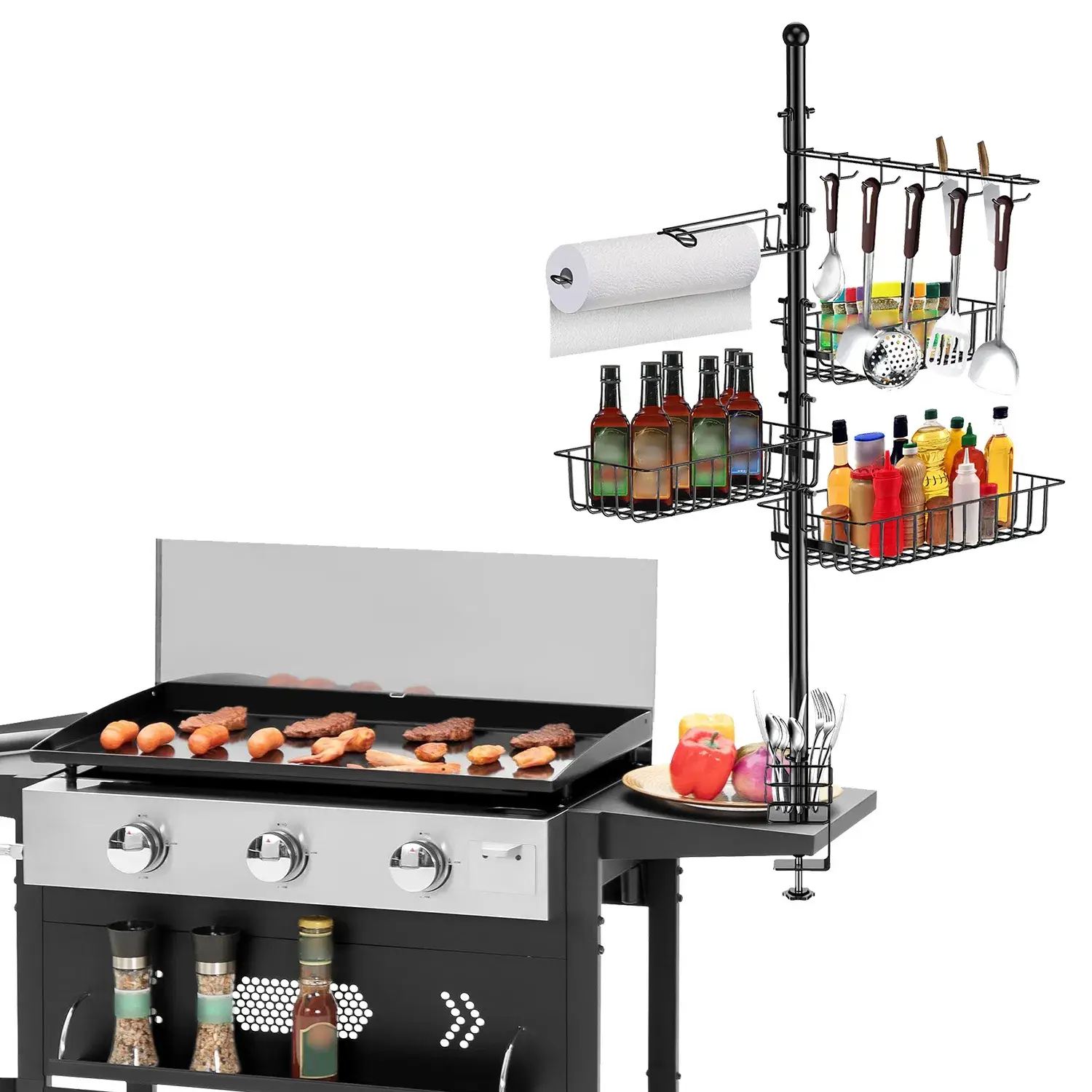 Griddle Caddy Standing Grill Utensil Caddy With Paper Towel Holder Hook Baskets BBQ Accessories Storage Rack Vertical Standing BBQ Organizer Grill Utensil Stora
