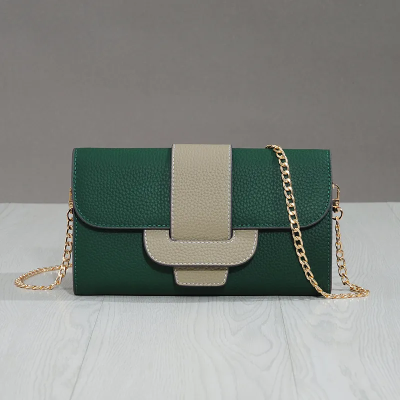 Cowhide Lychee Pattern Shoulder Bag Clutch Diagonal Simple Fashion - Green