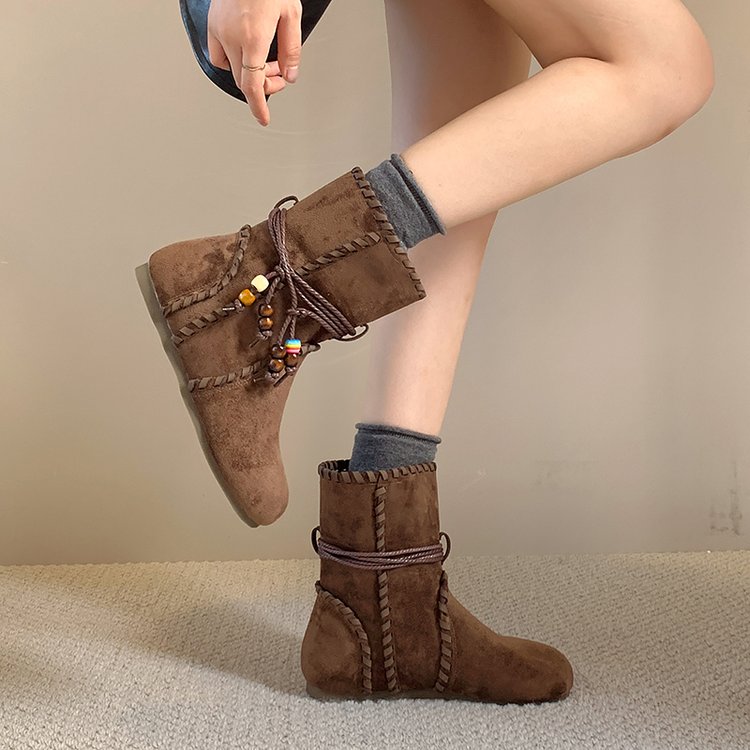 Women's vintage tassel suede ankle boots – invisible heightening slim-fit – front view