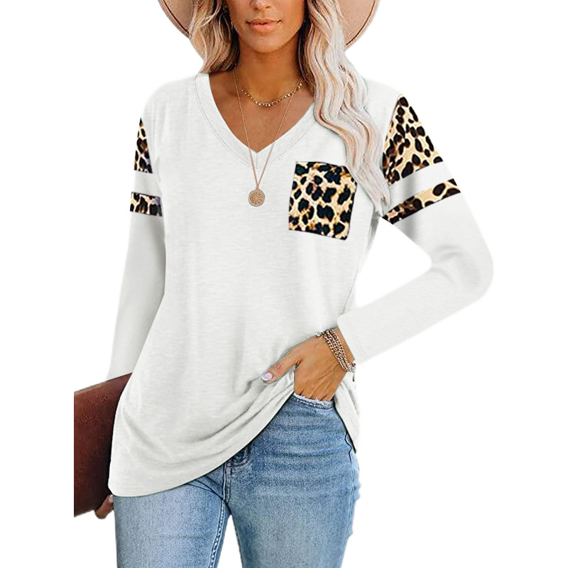 Hot Sale V-neck Pullover Long-sleeved Leopard Print Stitching T-shirt Top