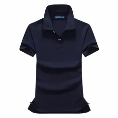 Ladies Micro-elastic Cotton Short Sleeve Top Lapel T-Shirt Office Embroidered Knit Shirt - Navy Blue - View 1