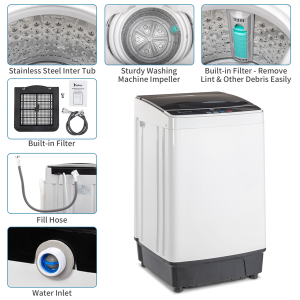 Full-Automatic Washing Machine Top Load Portable Compact Laundry Washer Spin With Drain Pump,10 Programs 8 Water Level Selections With LED Display 17.8 Lbs Capacity, Black image 6