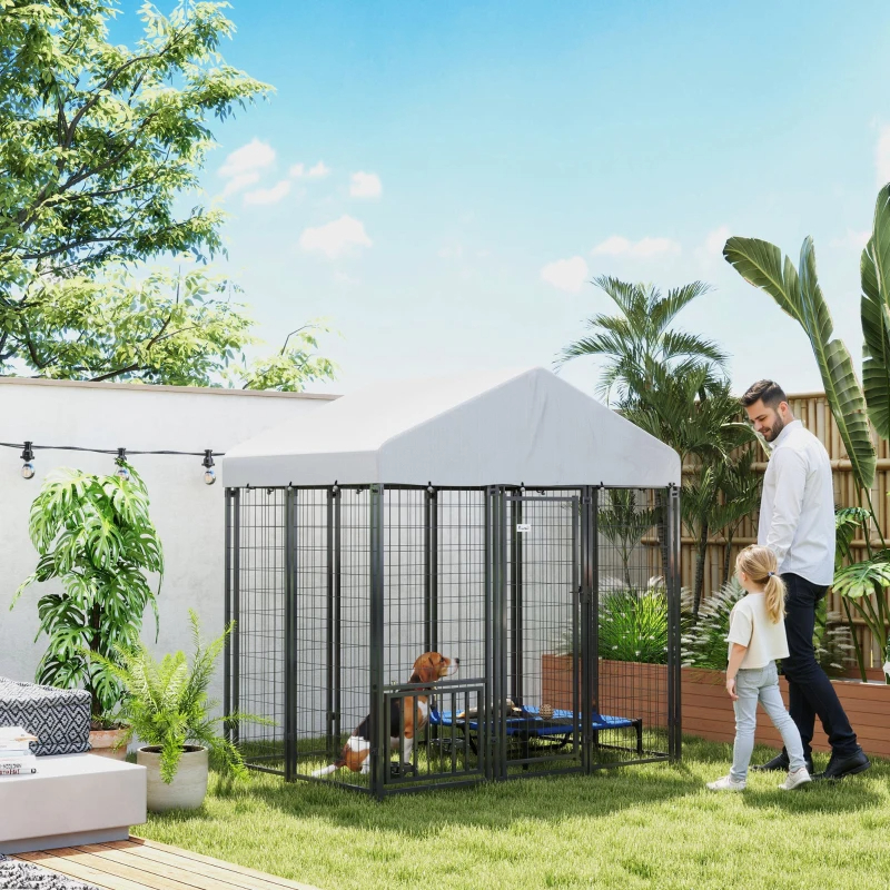 Outdoor Dog Kennel With Roof, Rotating & 4-Level Adjustable Bowls