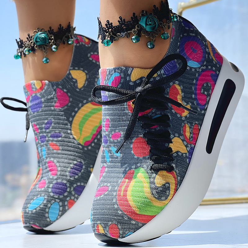 Women's Random Print Side Lace-Up Elastic Sport Shoes, Comfortable Slip-On Sneakers For Women, Casual Daily Wear Footwear — foto 13